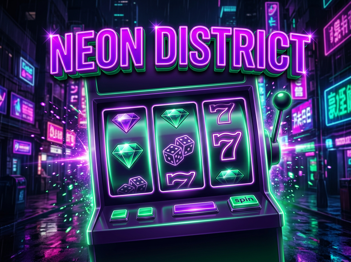 Neon District slot game preview — purple and emerald neon lights themed slot machine